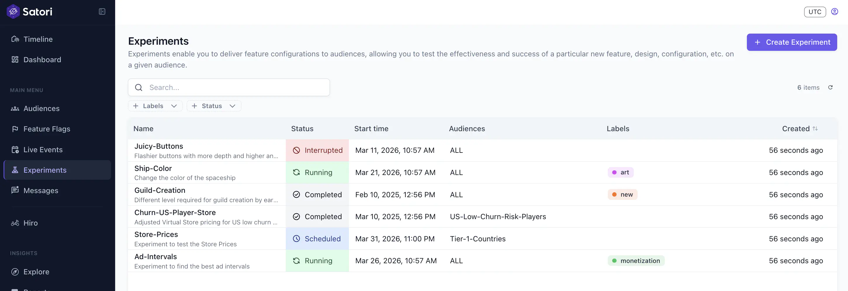 Experiment timeline view