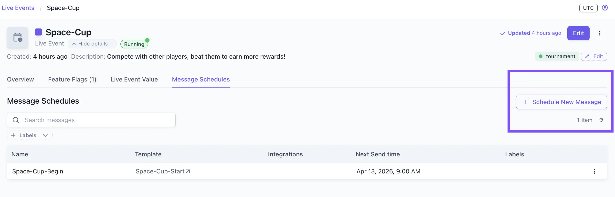 Message Schedules tab showing a scheduled messages list for a live event