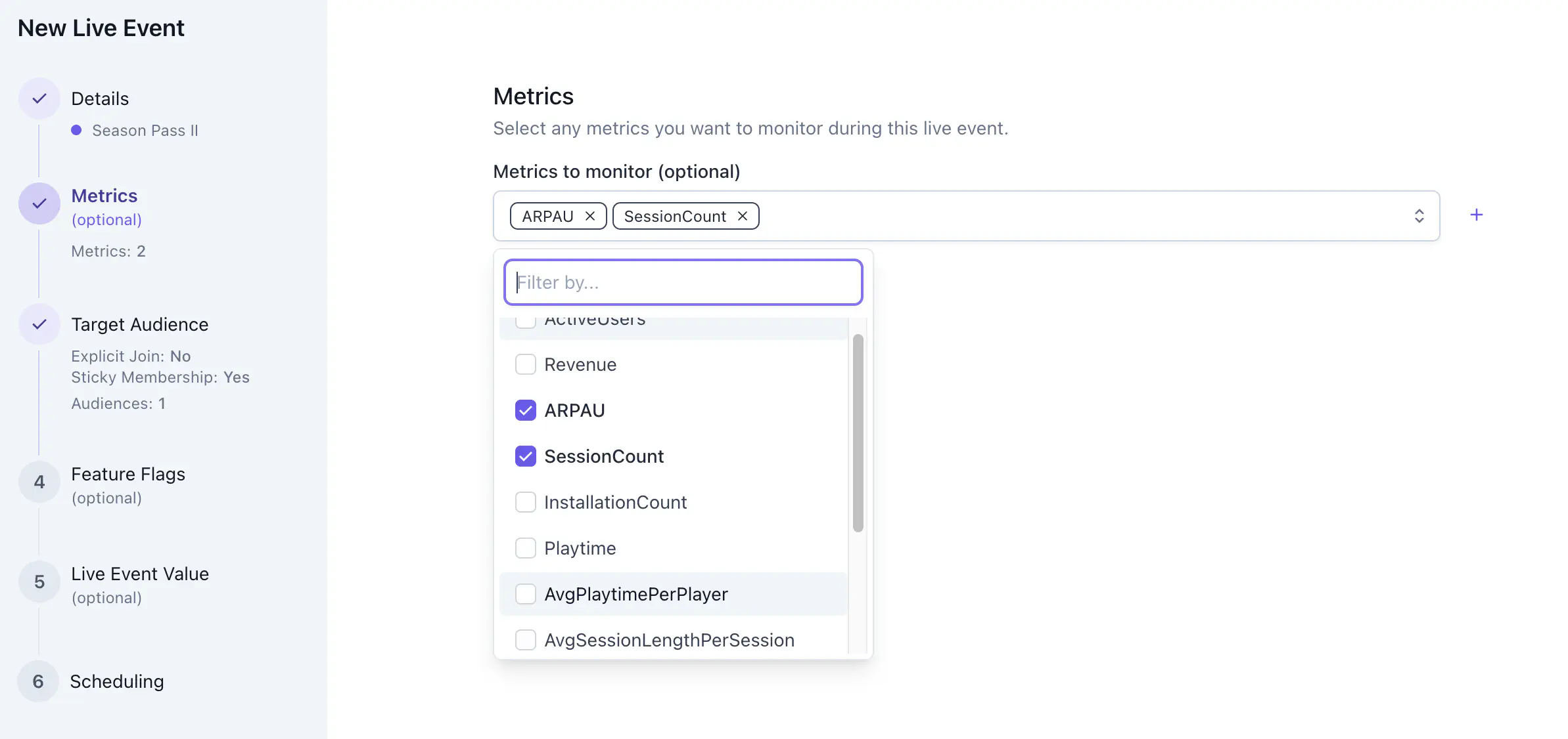 Metrics selection panel in the Create Live Event wizard