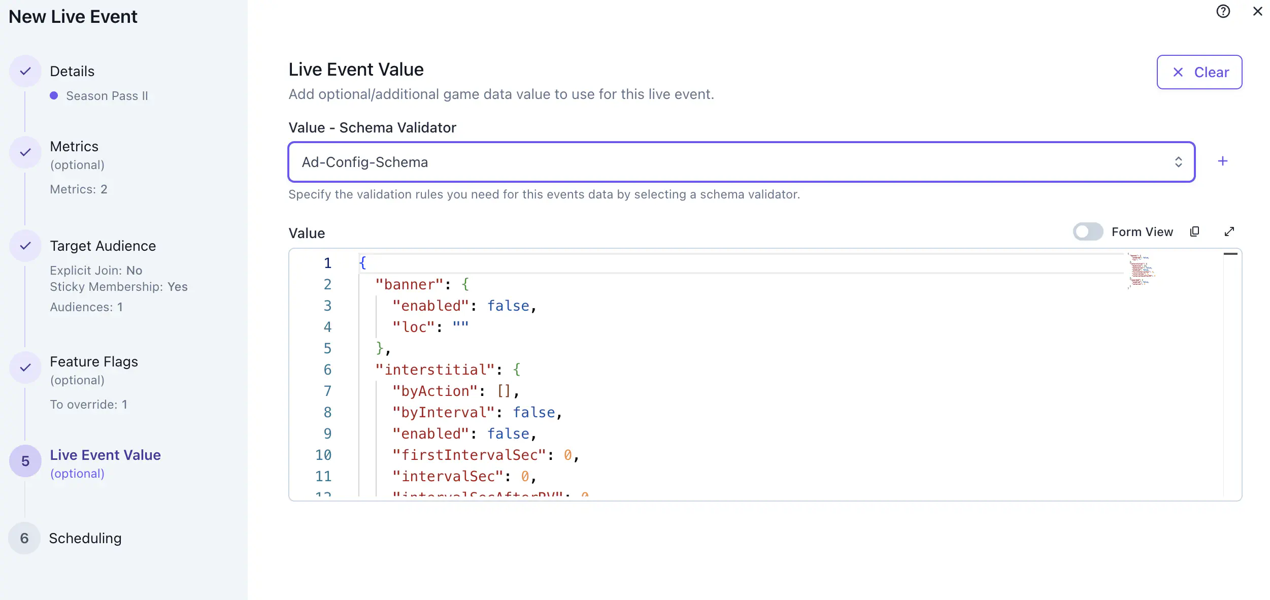 Live Event Value panel showing Schema Validator selector and JSON value editor