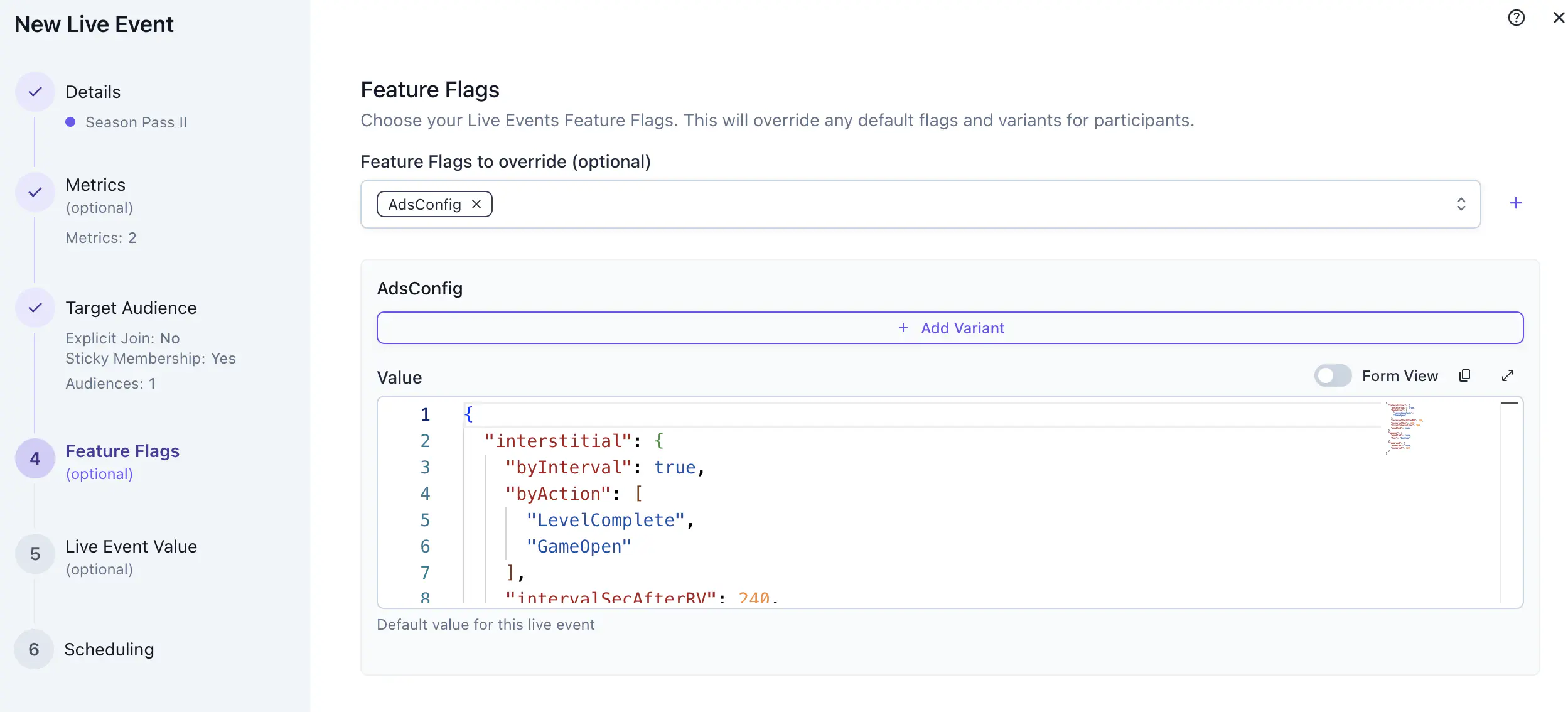 Feature Flags configuration panel in the Create Live Event wizard