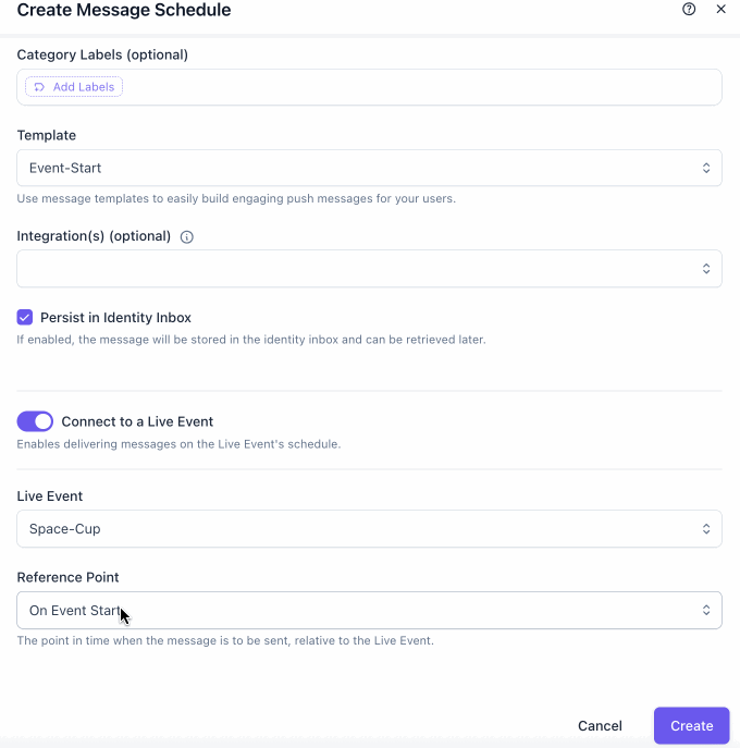 Selecting a message trigger reference point for a live event