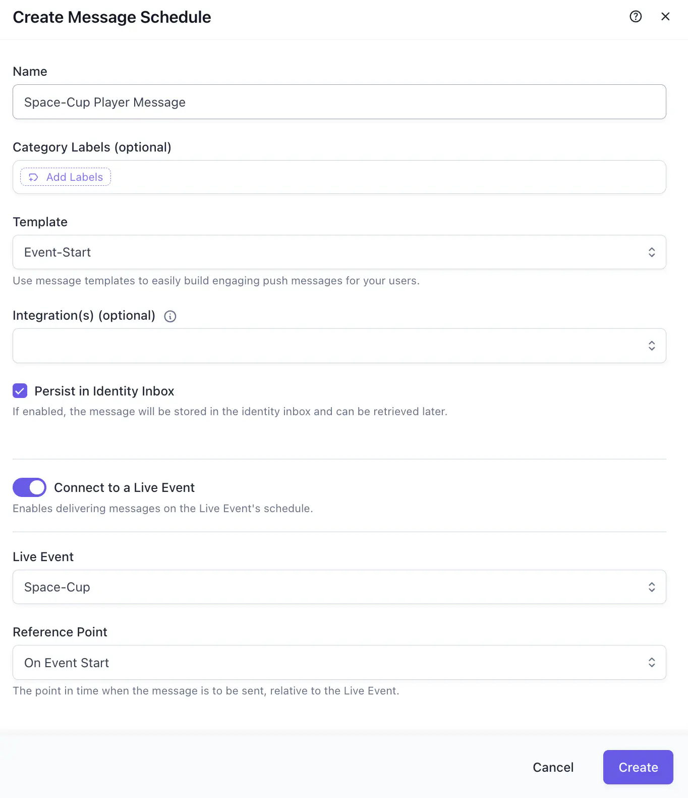 Create Message Schedule dialog with Connect to a Live Event toggle enabled, showing Live Event and Reference Point fields