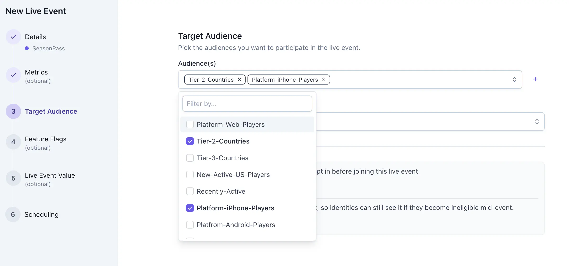 Target Audience configuration showing audience selection, Explicit Join toggle, and Sticky Membership toggle