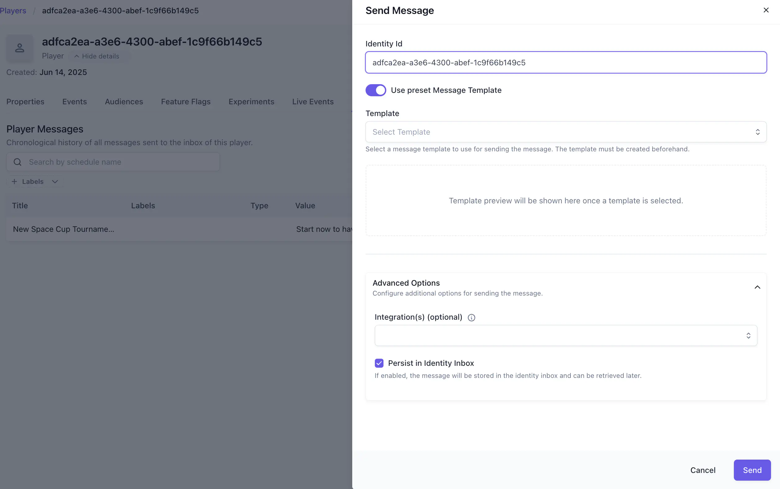 Send message wizard on the Identity details page