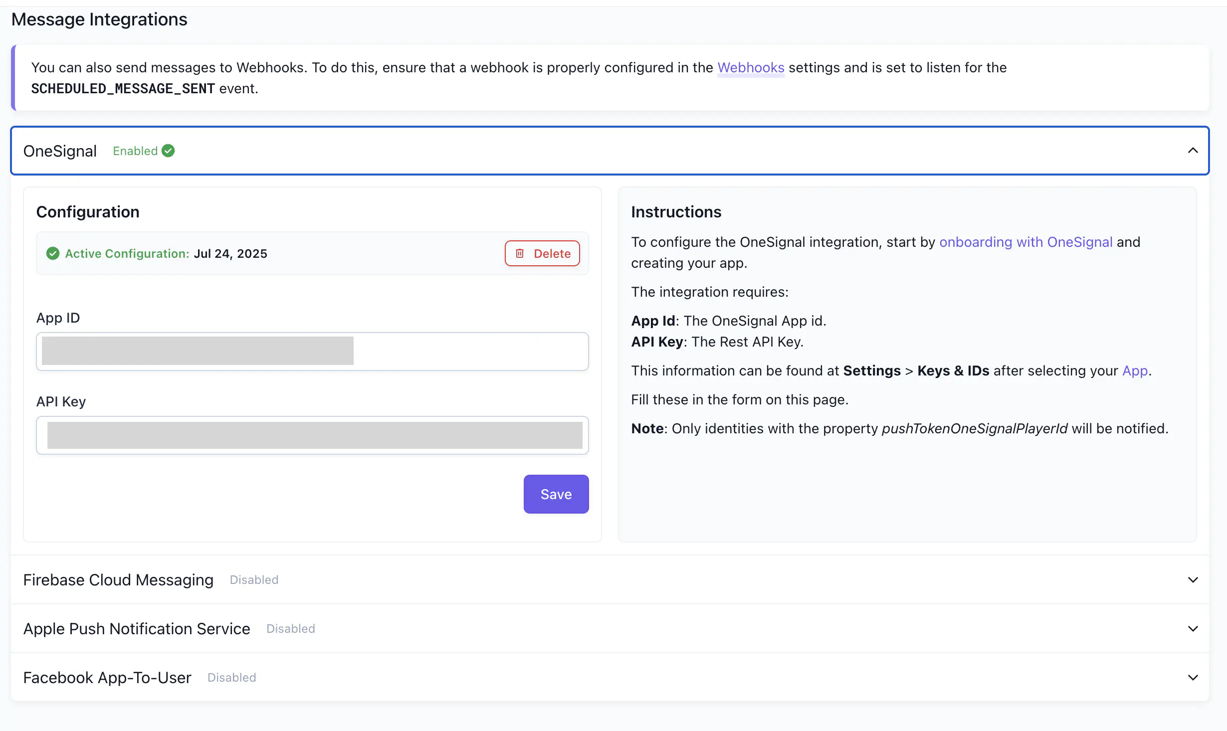 Message integrations settings screen
