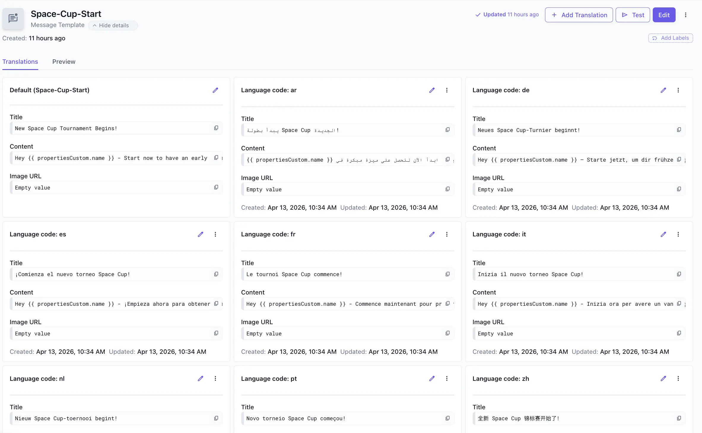 Template details screen showing the Add Translation option