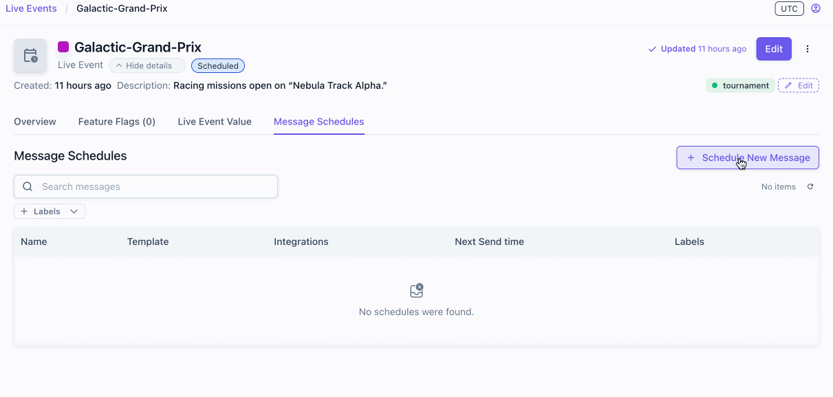 Creating a message schedule from within a live event