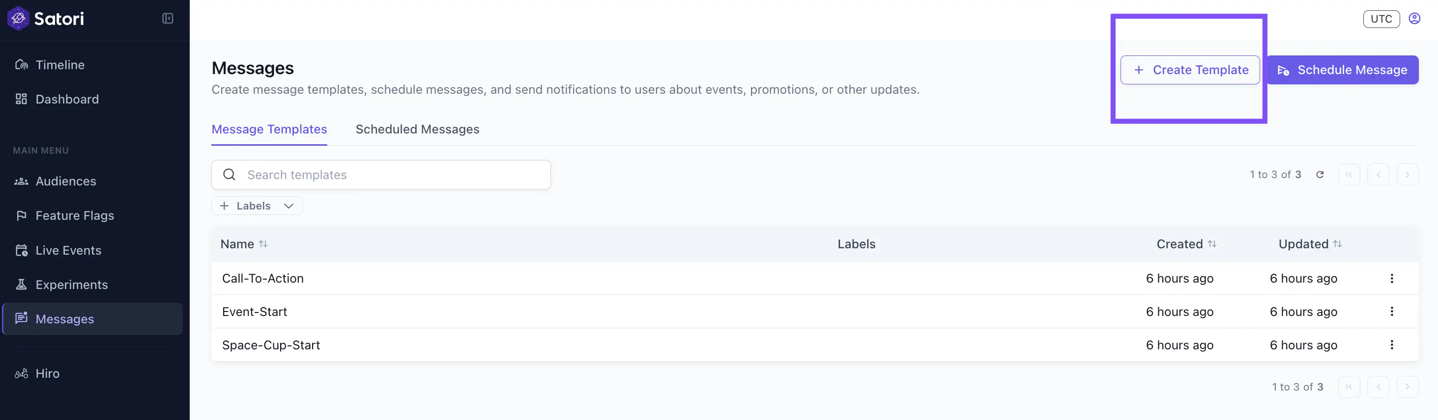 Messages screen showing the Create template button