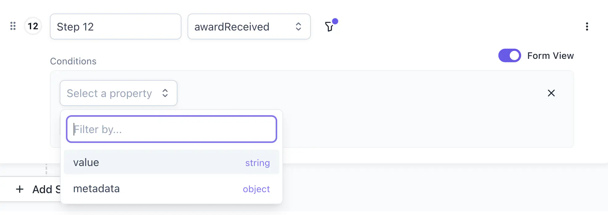 Filter property dropdown for awardReceived showing value as string and metadata as object, populated from the event schema