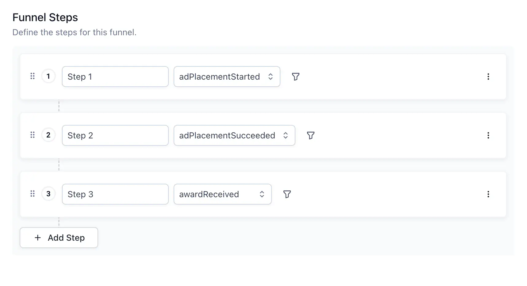 Add Step panel showing label and event selection fields