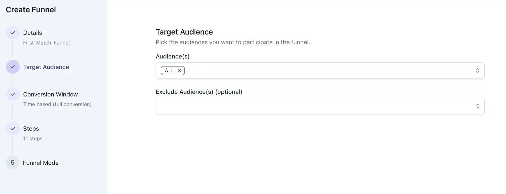 Create Funnel wizard showing the Target Audience step with ALL audience selected