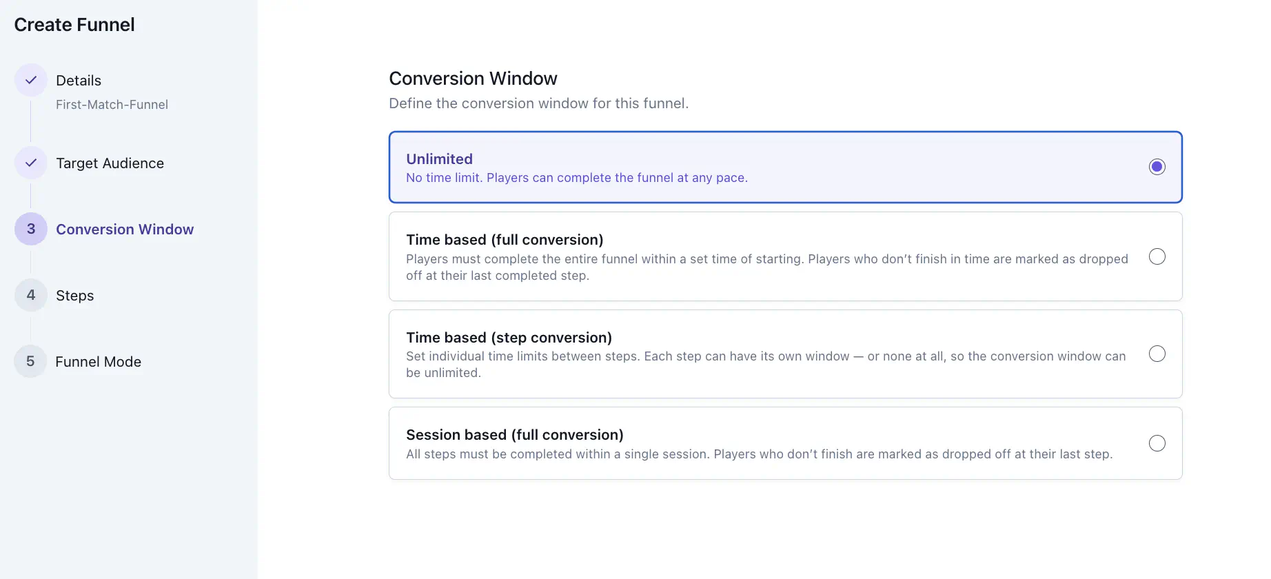 Create Funnel wizard showing the Conversion Window step with Time based (full conversion) selected