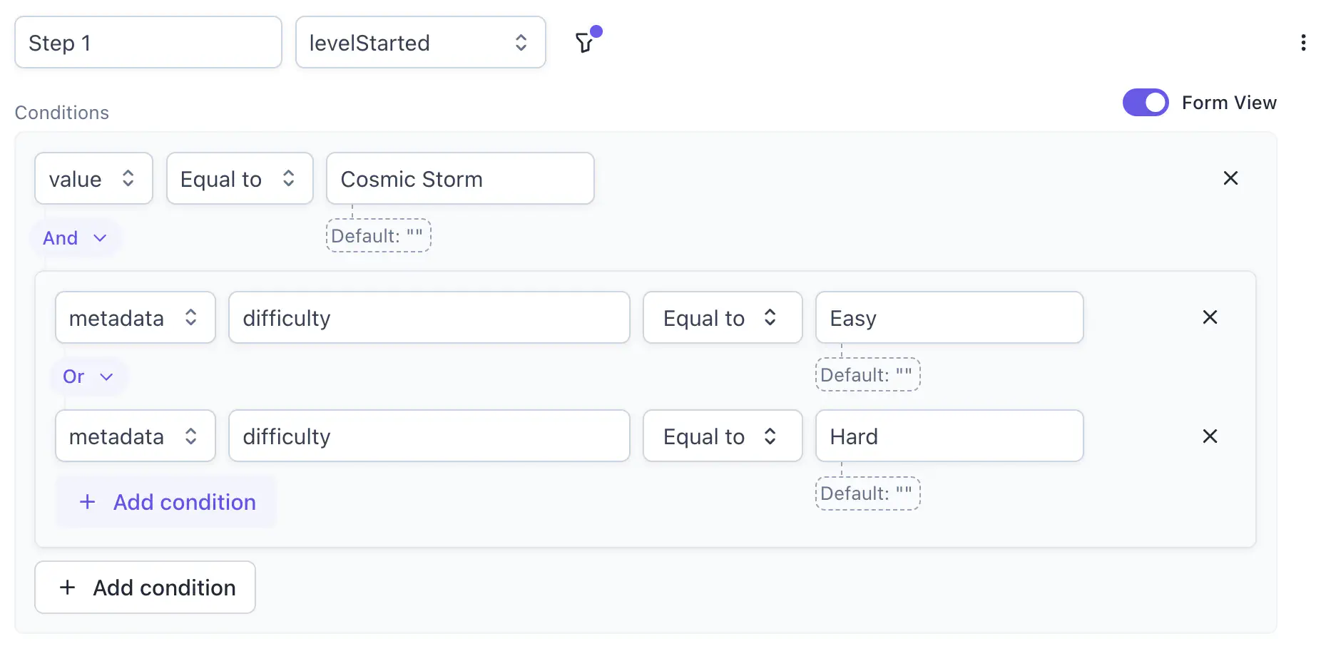 Step 1 with levelStarted event showing a value condition Equal to Cosmic Storm connected by AND to a group with two metadata.difficulty conditions: Equal to Easy joined by OR to Equal to Hard