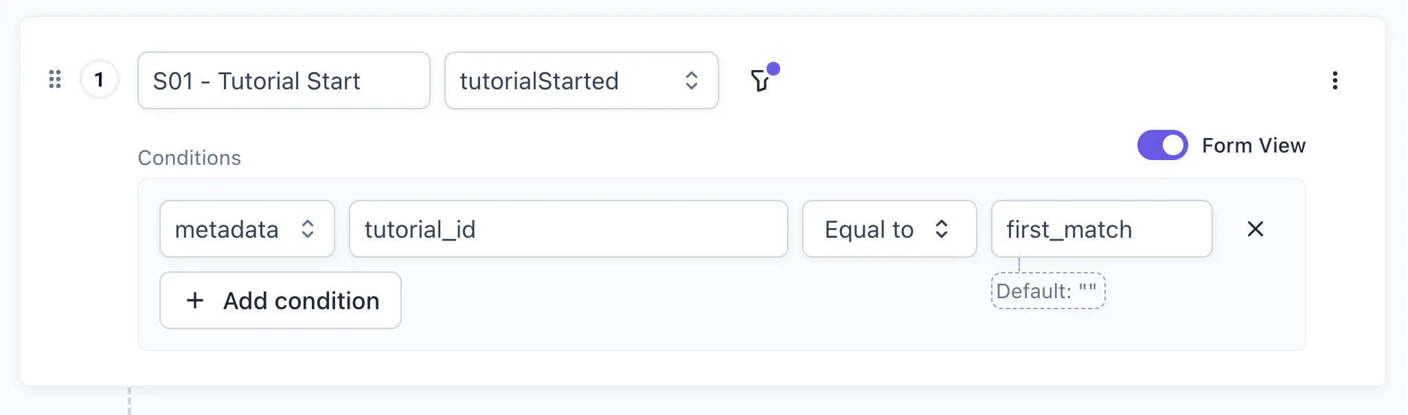 Step filter panel for S01 - Tutorial Start showing a metadata condition with tutorial_id equal to first_match