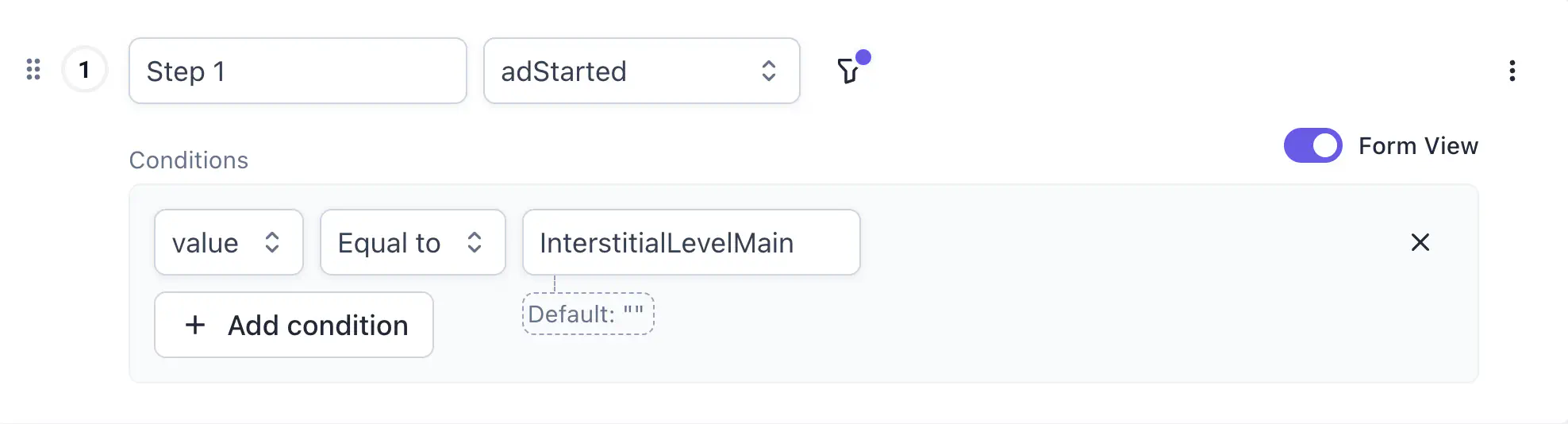 Step filter for adStarted showing a value condition Equal to InterstitialLevelMain