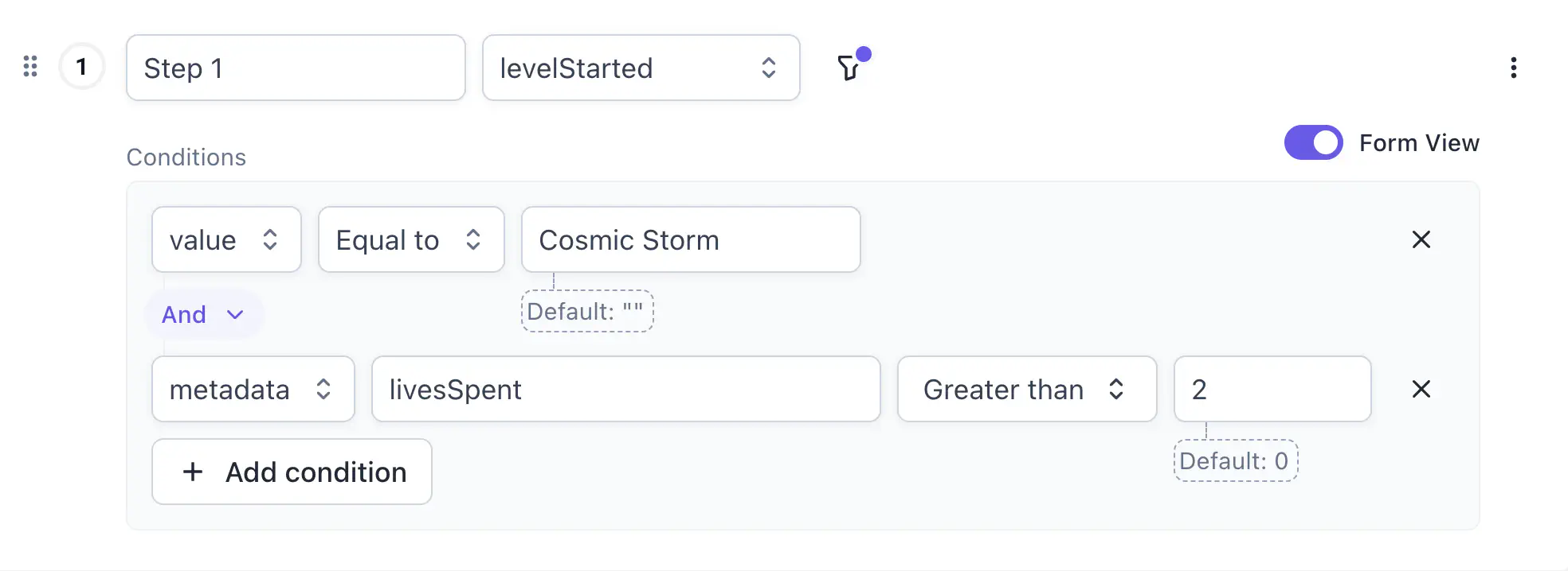 Step 1 with levelStarted event showing two conditions: value Equal to Cosmic Storm and metadata livesSpent Greater than 2