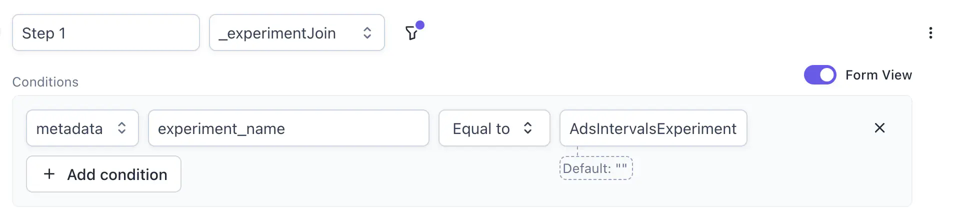 Step 1 with _experimentJoin event showing a metadata condition on experiment_name Equal to AdsIntervalsExperiment