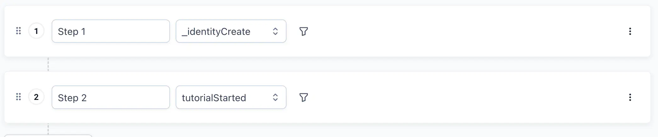Funnel steps showing _identityCreate as Step 1 and tutorialStarted as Step 2