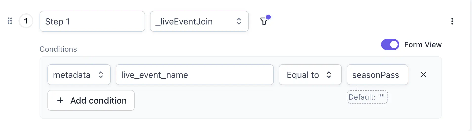 Step 1 with _liveEventJoin event showing a metadata condition on live_event_name Equal to seasonPass