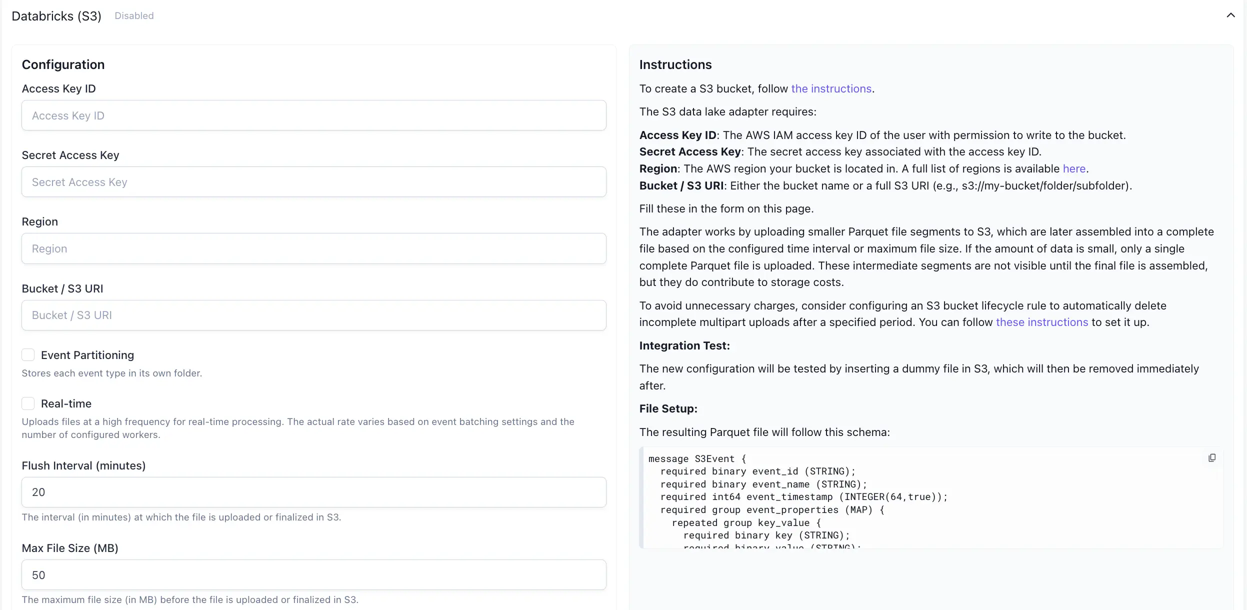 Databricks (S3) configuration panel showing Access Key ID, Secret Access Key, Region, Bucket, Event Partitioning, Real-time, Flush Interval, and Max File Size fields