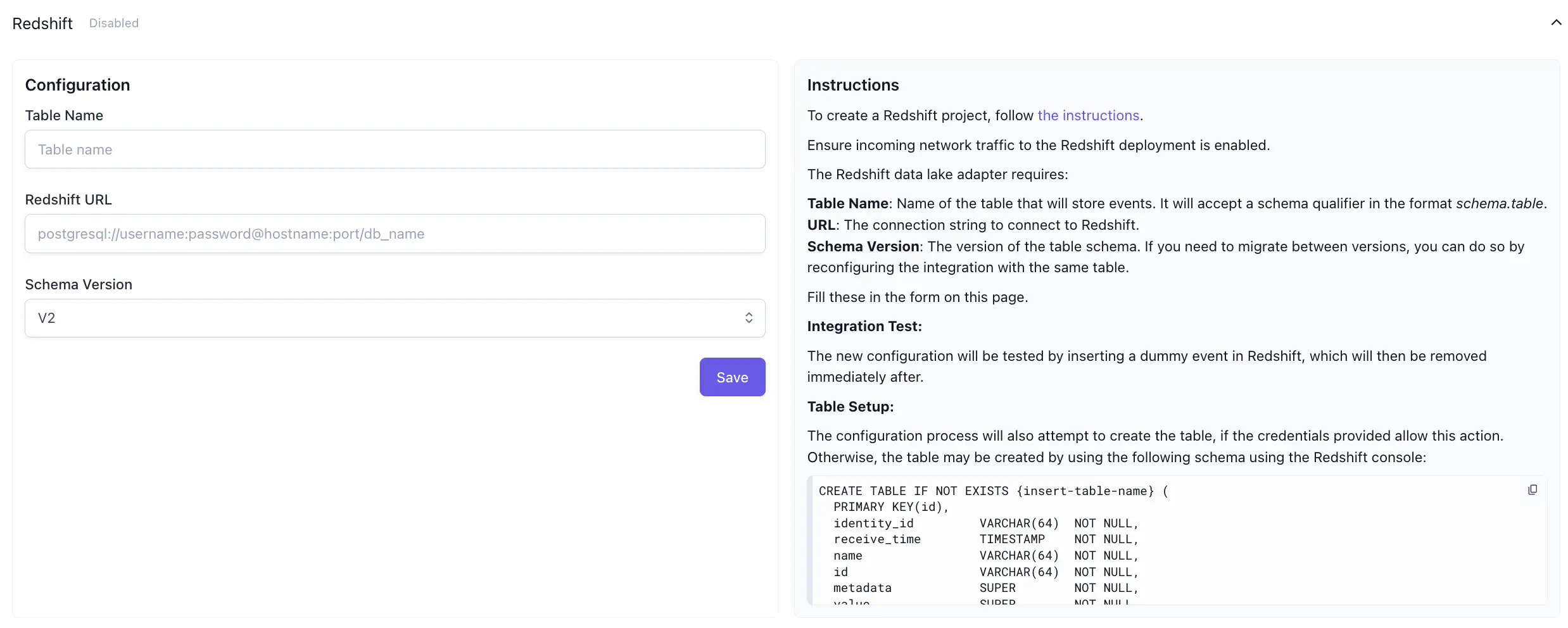 Redshift configuration panel showing Table Name and Redshift URL fields