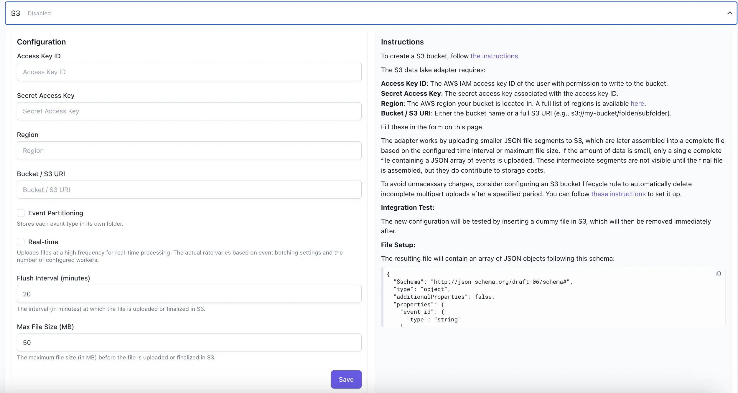 S3 configuration panel showing Access Key ID, Secret Access Key, Region, Bucket, Event Partitioning, Real-time, Flush Interval, and Max File Size fields