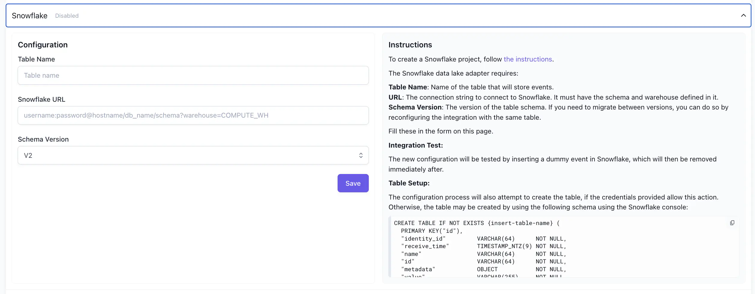 Snowflake configuration panel showing Table Name and Snowflake URL fields