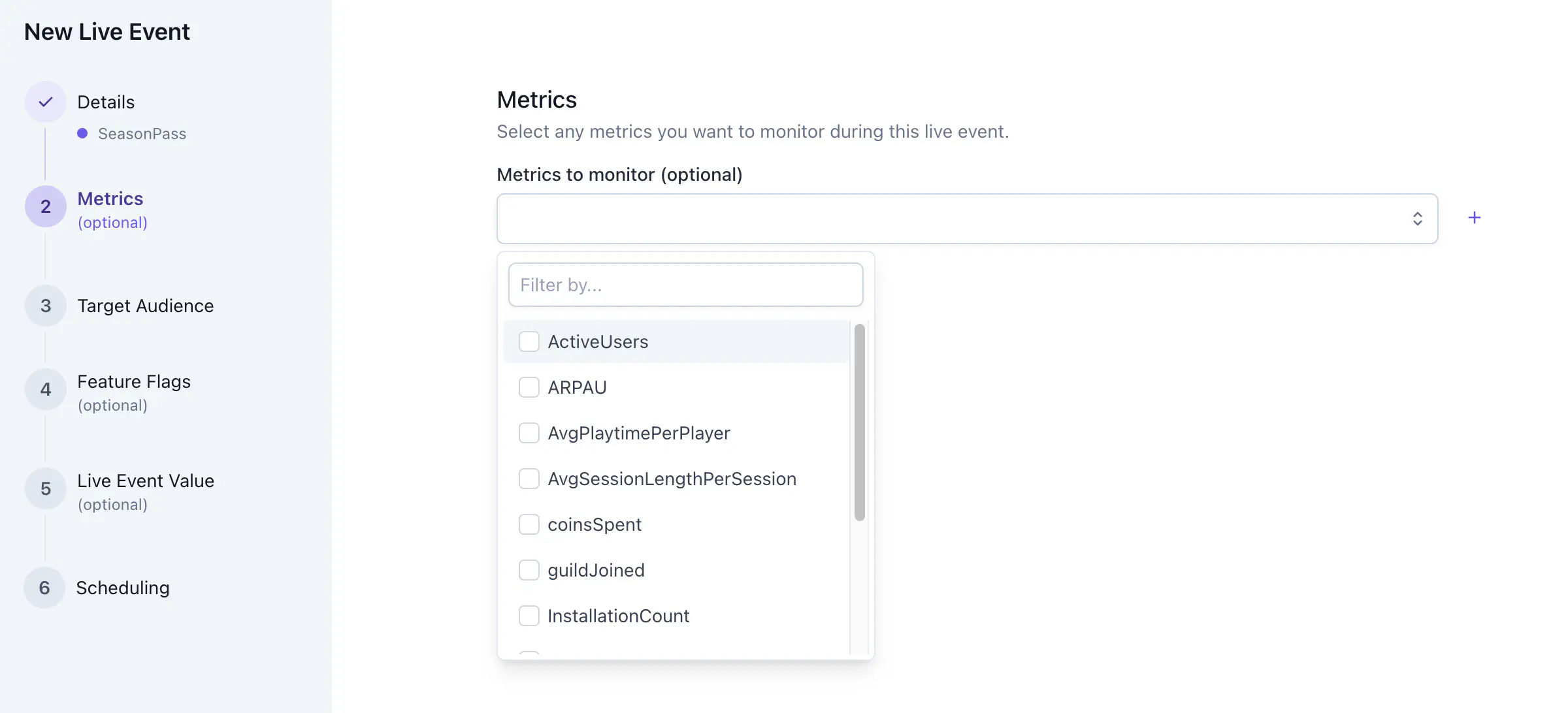 Edit Live Event Metrics tab showing metrics selector
