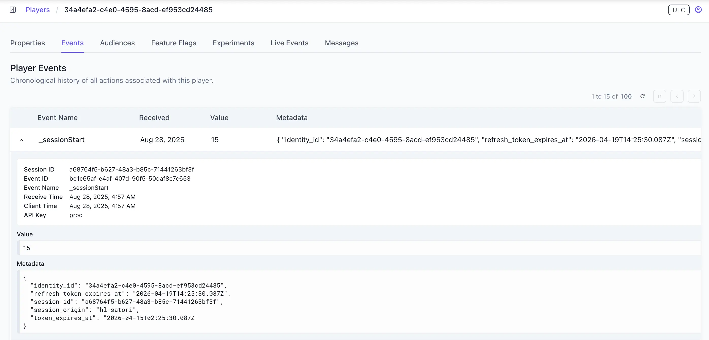 Player event detail showing session ID, event ID, receive time, value, and metadata