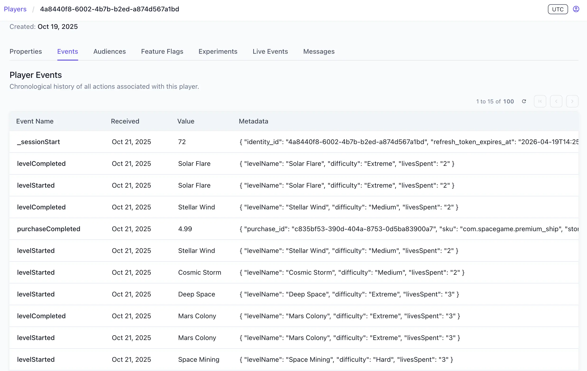 Player Events tab showing event name, received timestamp, value, and metadata