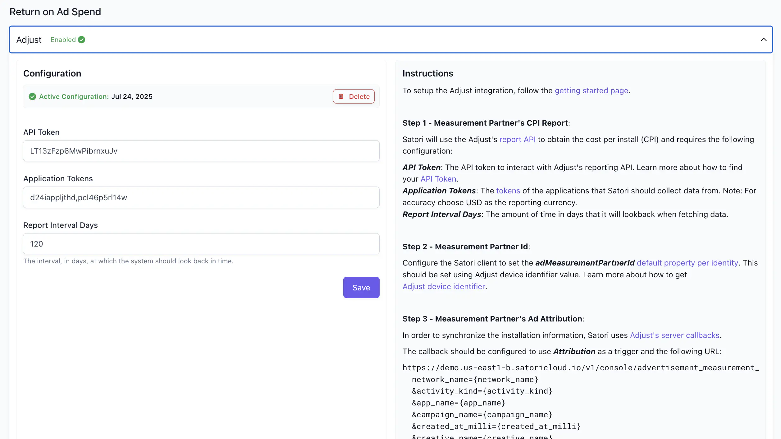 Adjust integration settings panel showing API Token, Application Tokens, and Report Interval Days fields