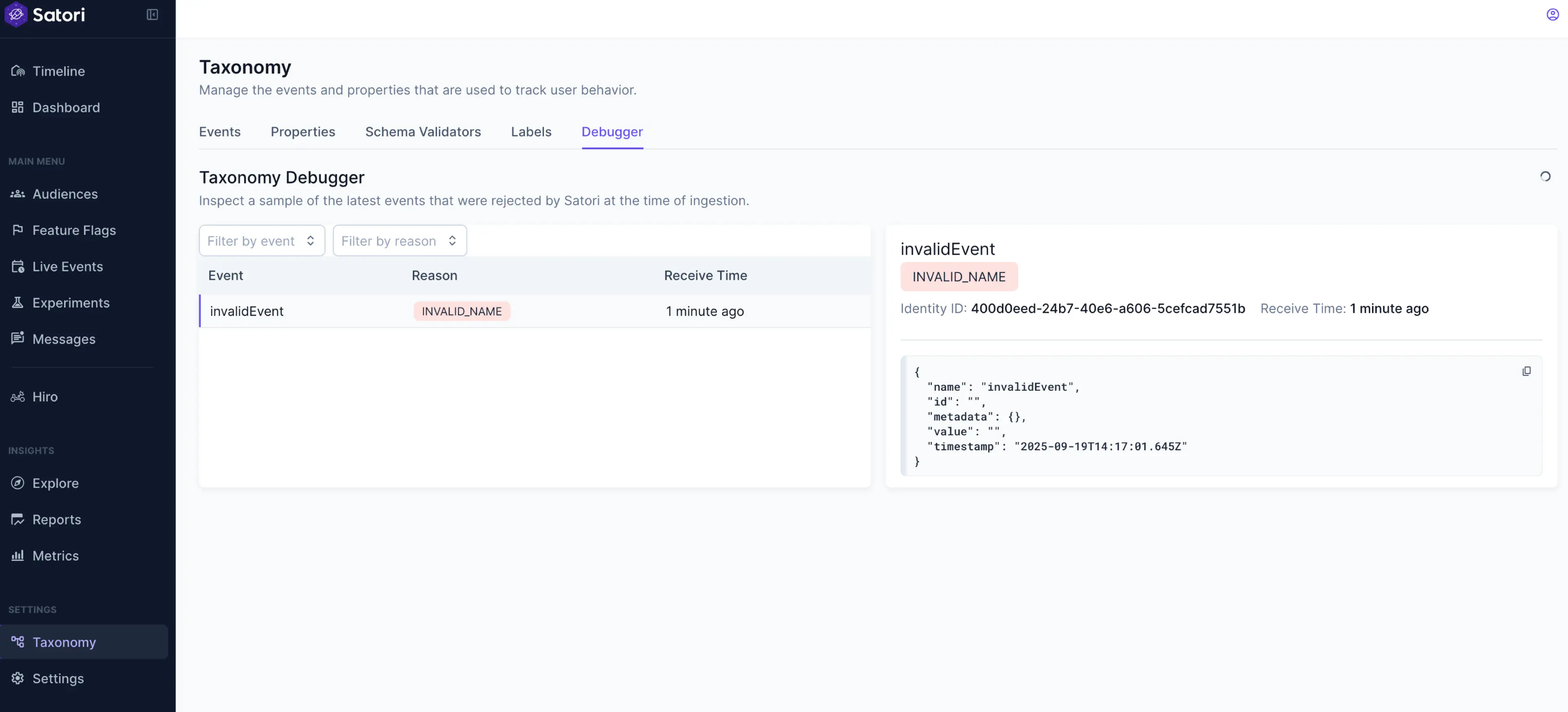 Taxonomy Debugger tab showing rejected events with event name, reason, and receive time