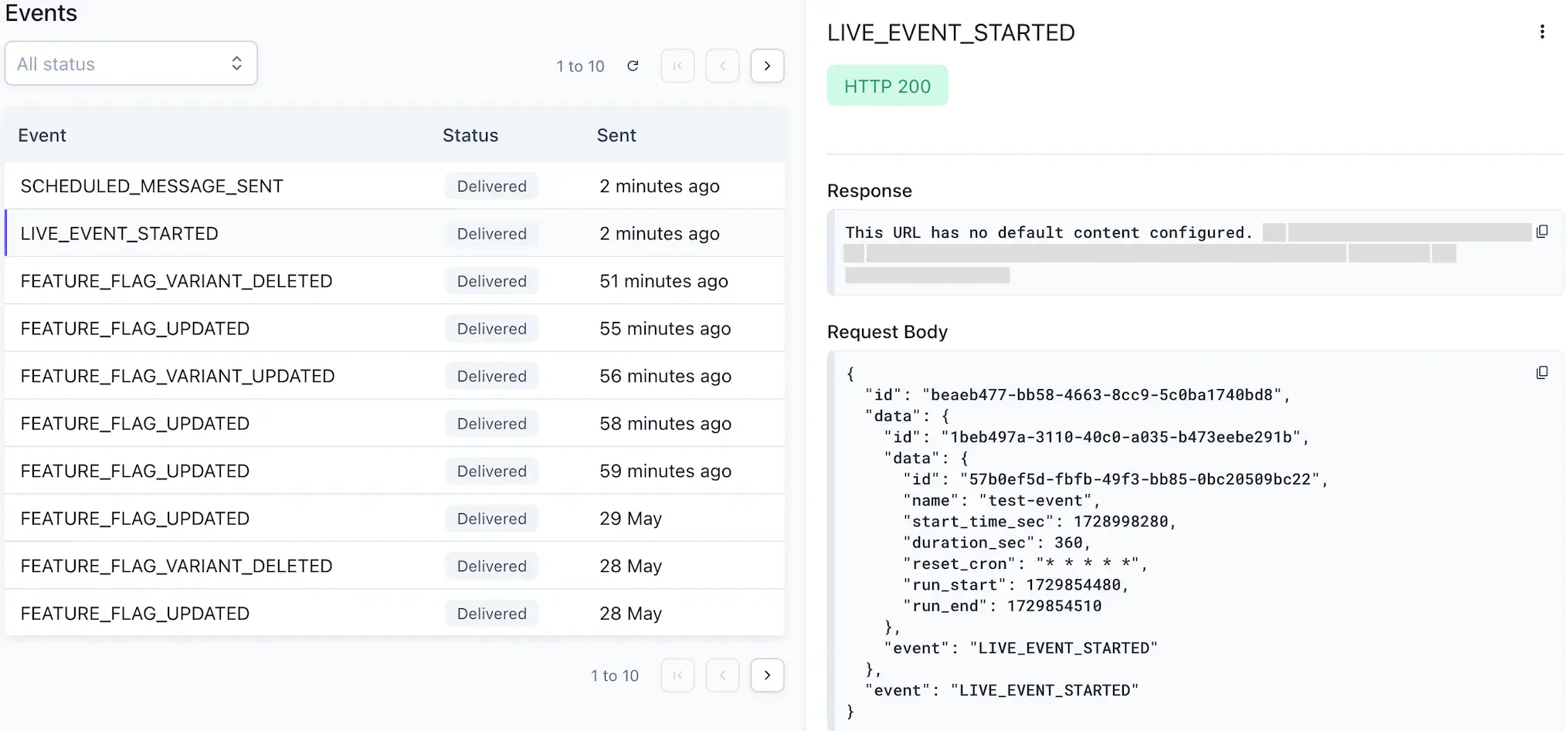 Webhook events section showing delivery attempts with request headers, body, and response details