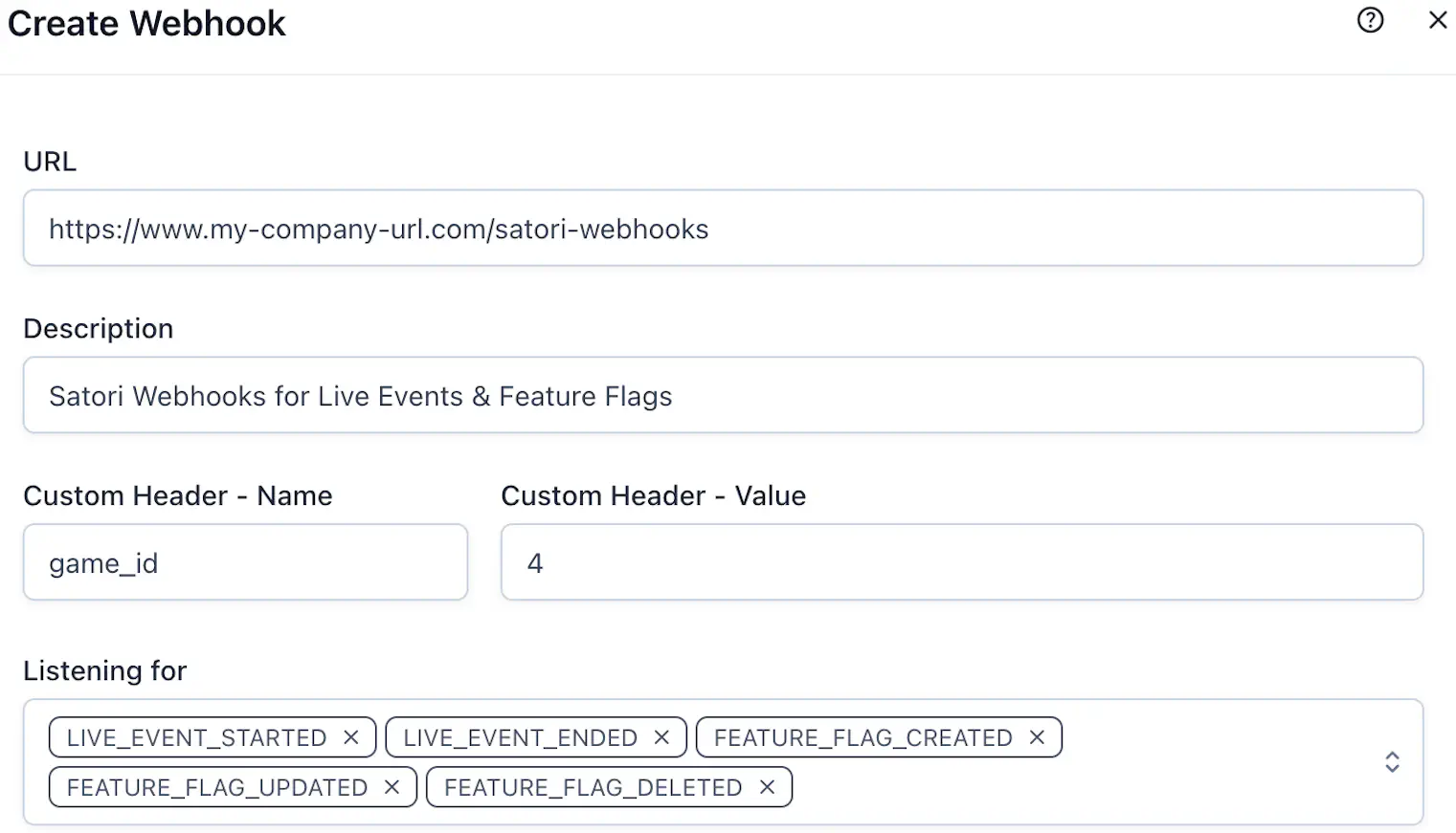 Create webhook modal showing URL, description, custom header, and listening for fields