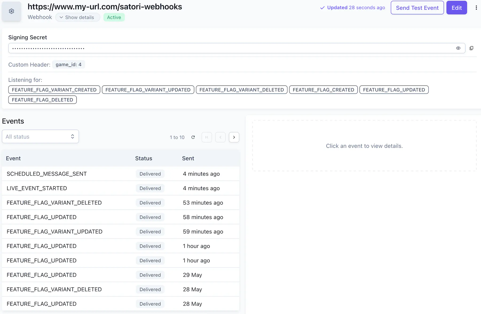 Webhook details page showing settings and the events log