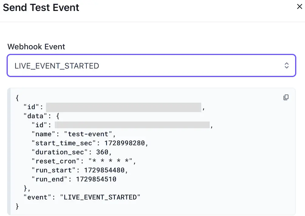 Send test event modal showing event type selection and request payload preview