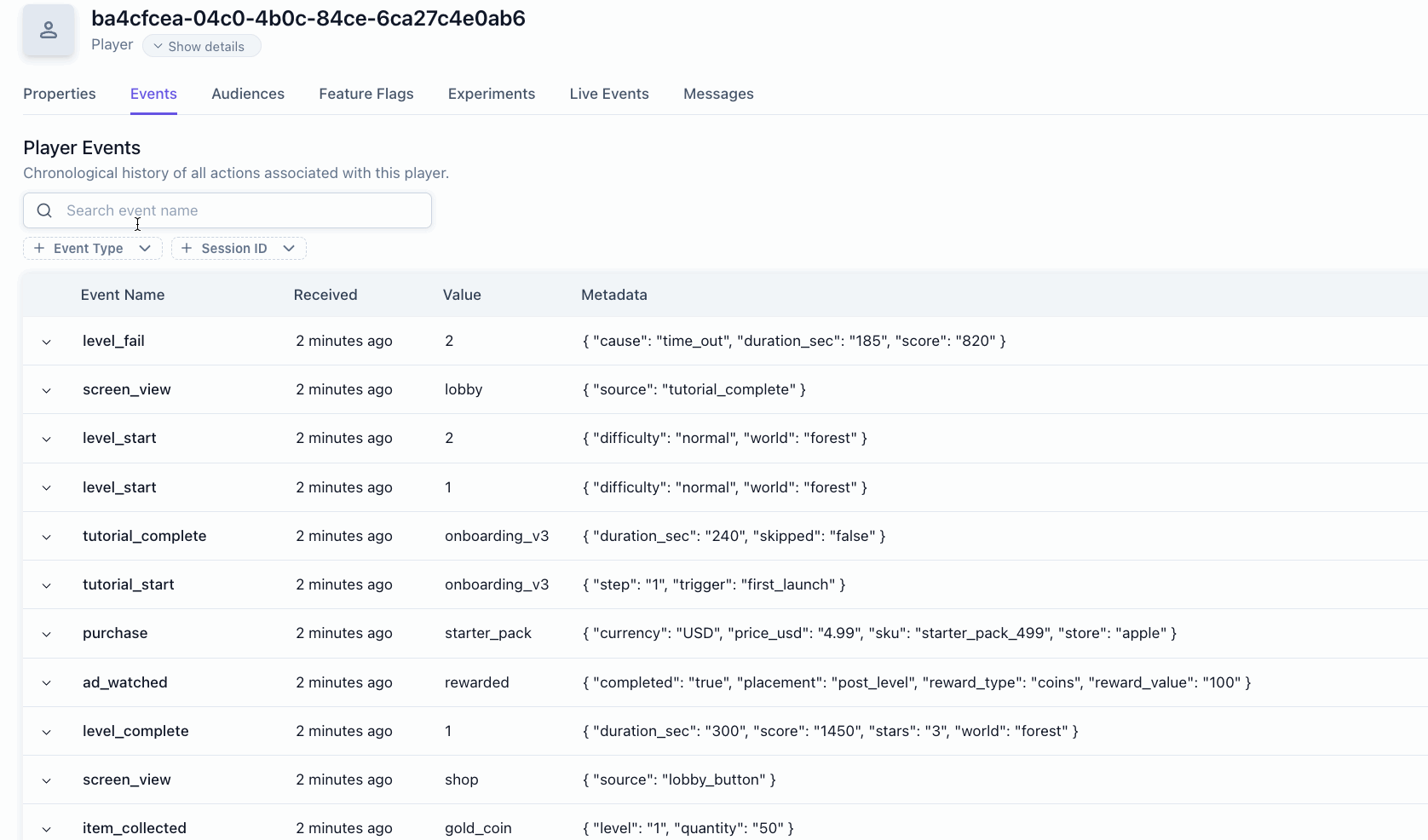 Player Events tab showing event name, received timestamp, value, and metadata