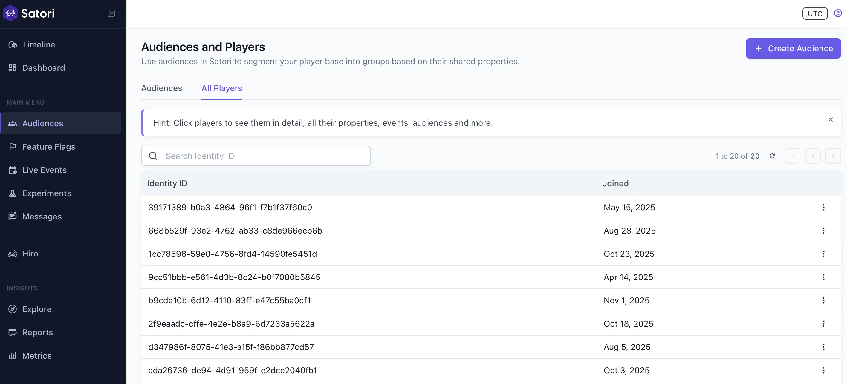 The All Players list showing identity IDs and join dates