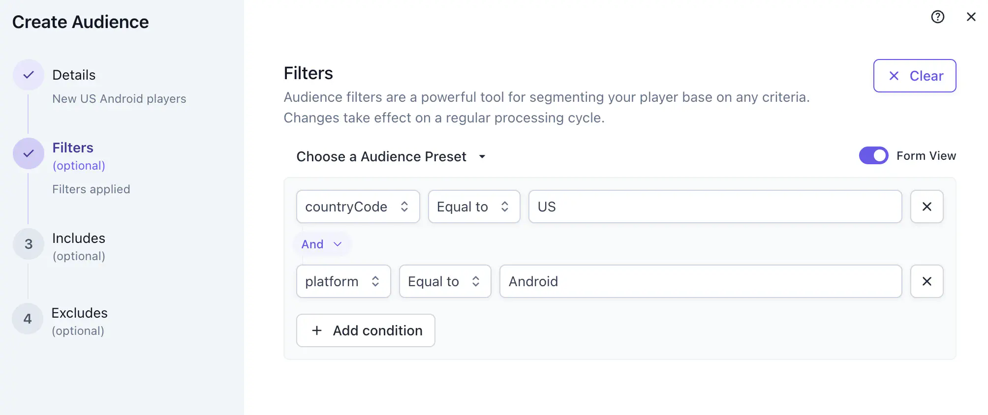 Audience filter form view