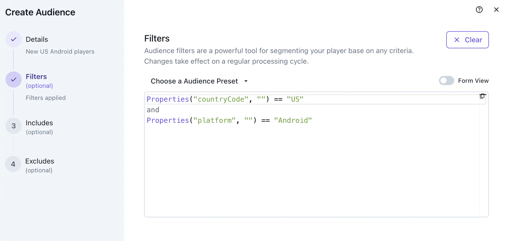 Audience filter query view