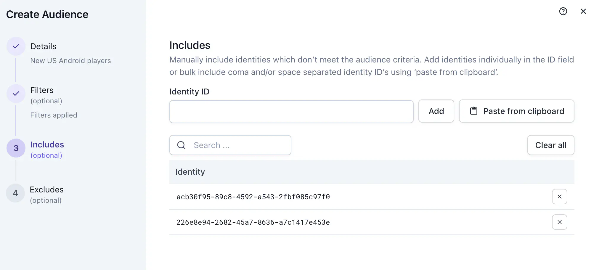 Audience creation Includes and Excludes fields
