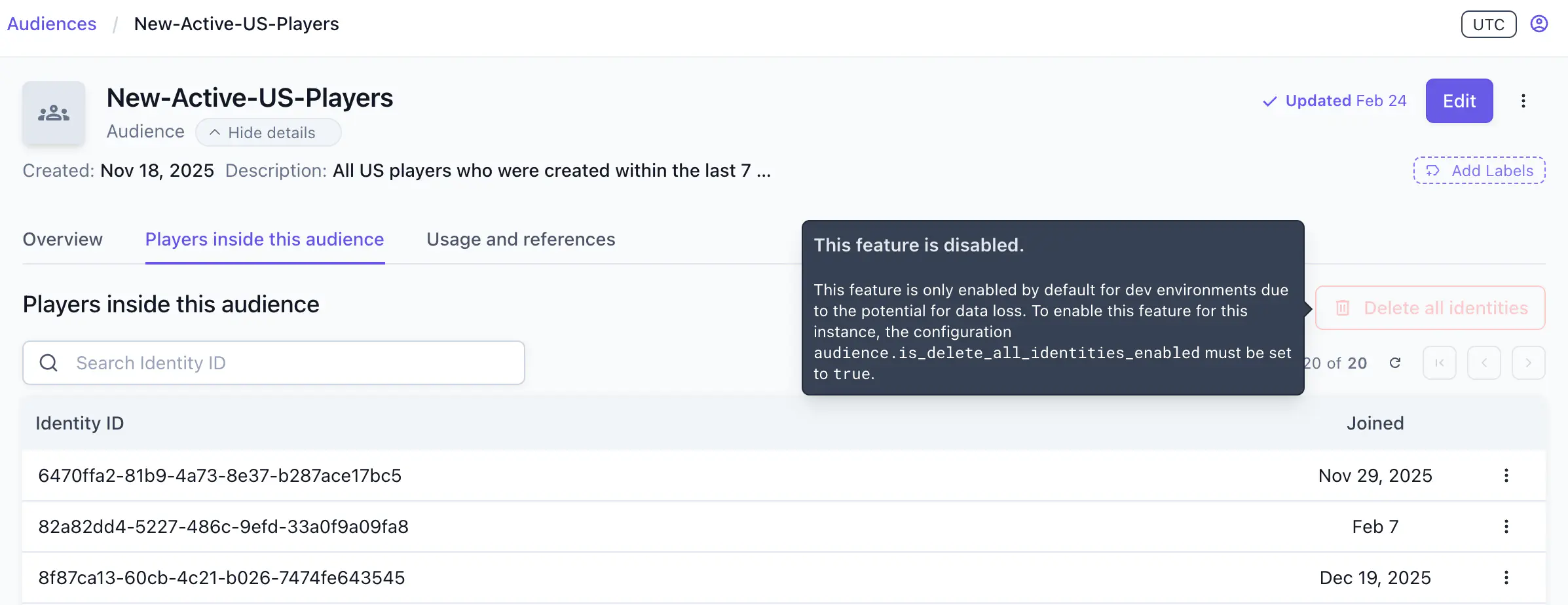Delete All Identities button in the Players in this Audience tab