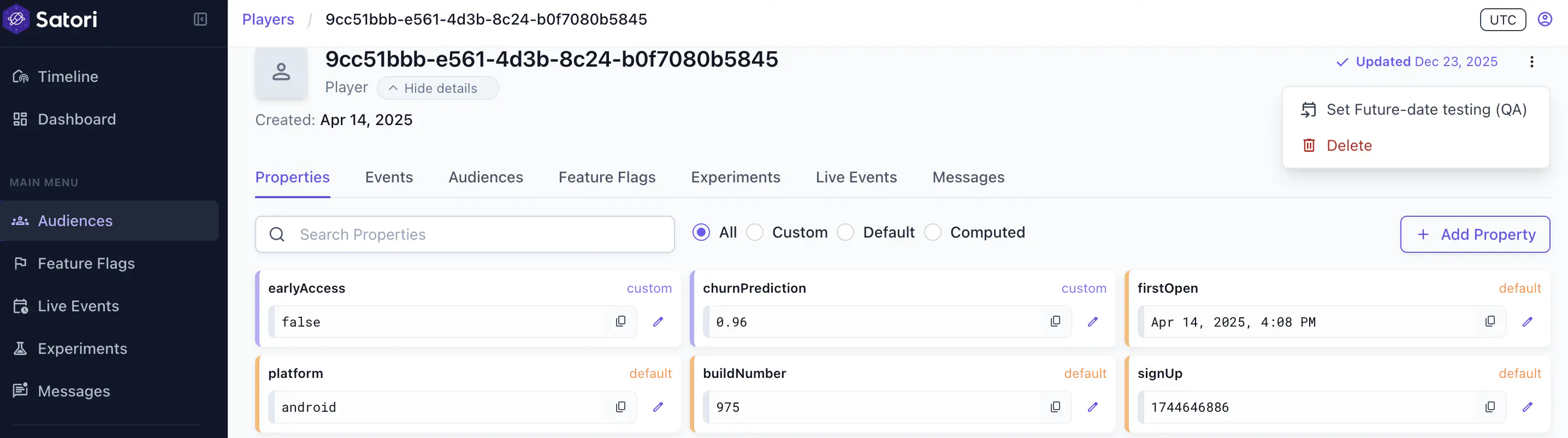 The identity three-dot menu showing Set future-date testing (QA) and Delete options