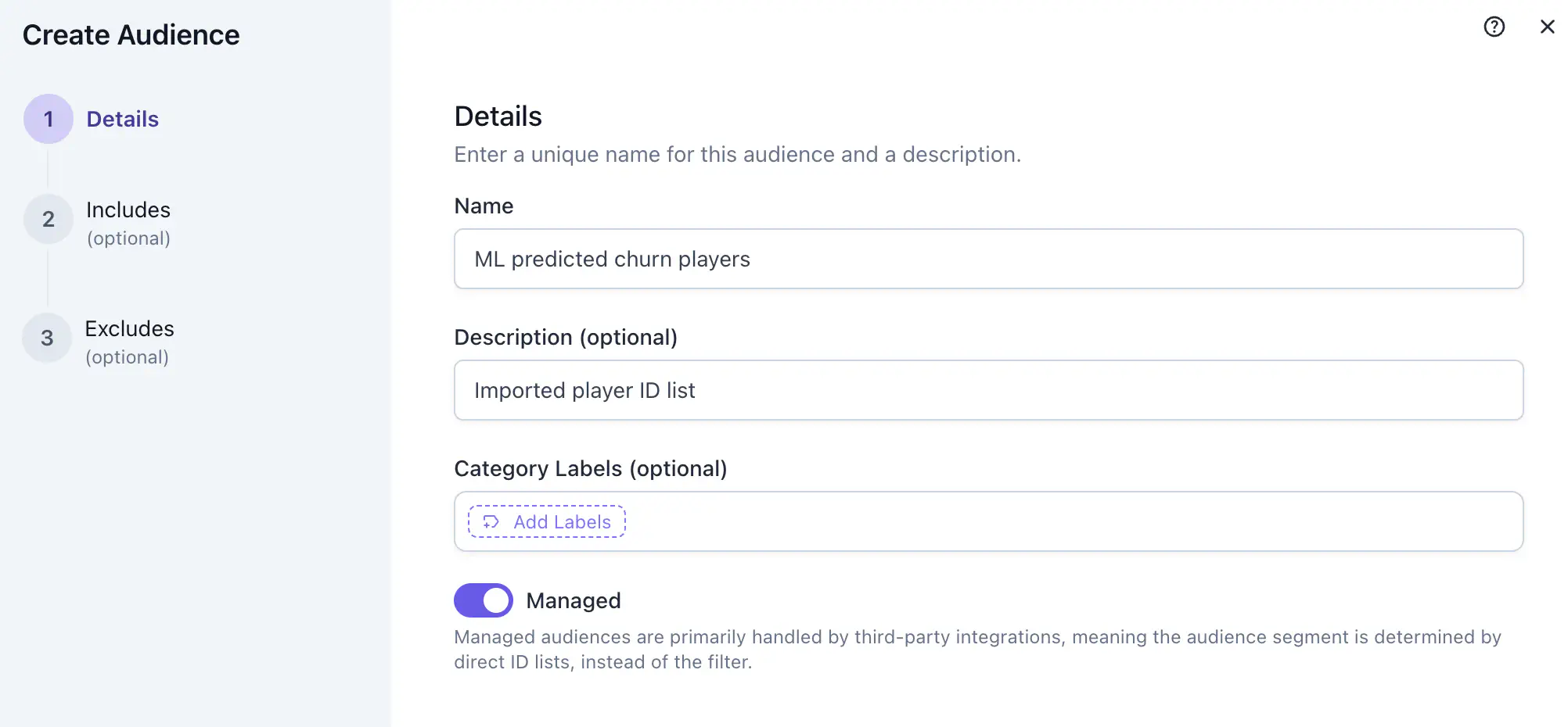 The Create Audience panel showing the managed audience toggle