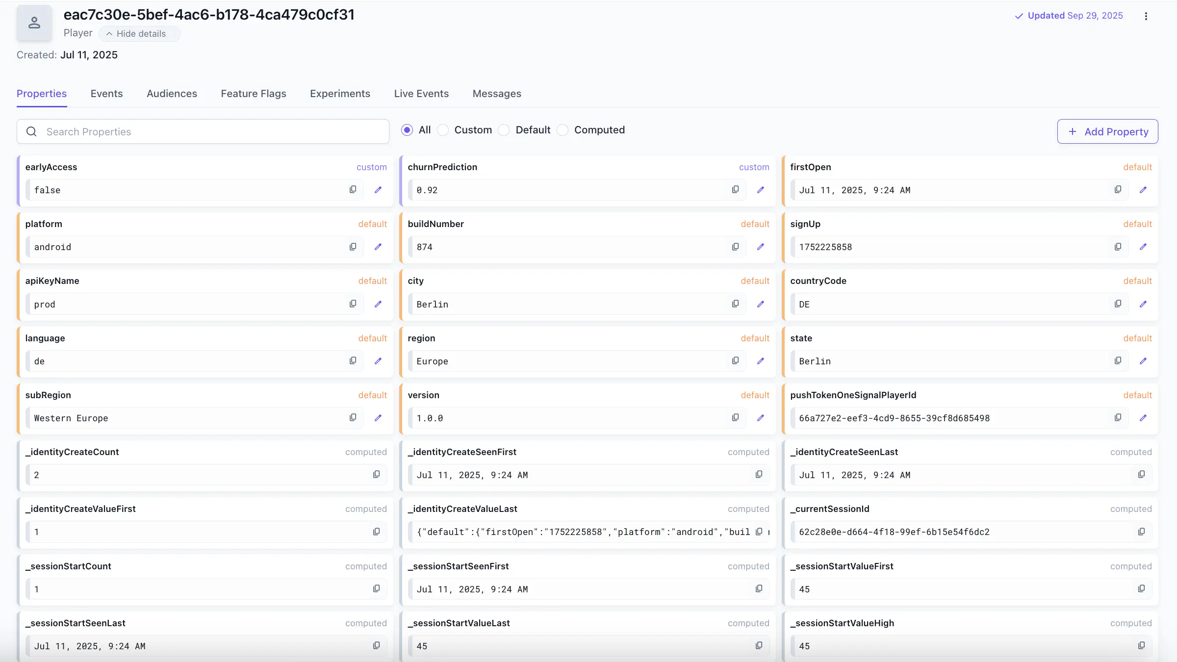 The identity detail view showing Properties, Events, Audiences, Feature Flags, Experiments, Live Events, and Messages tabs