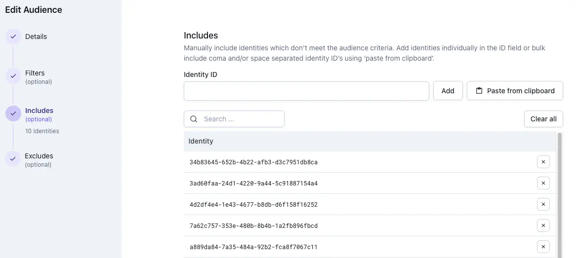 Audience Includes field with a list of QA player identity IDs