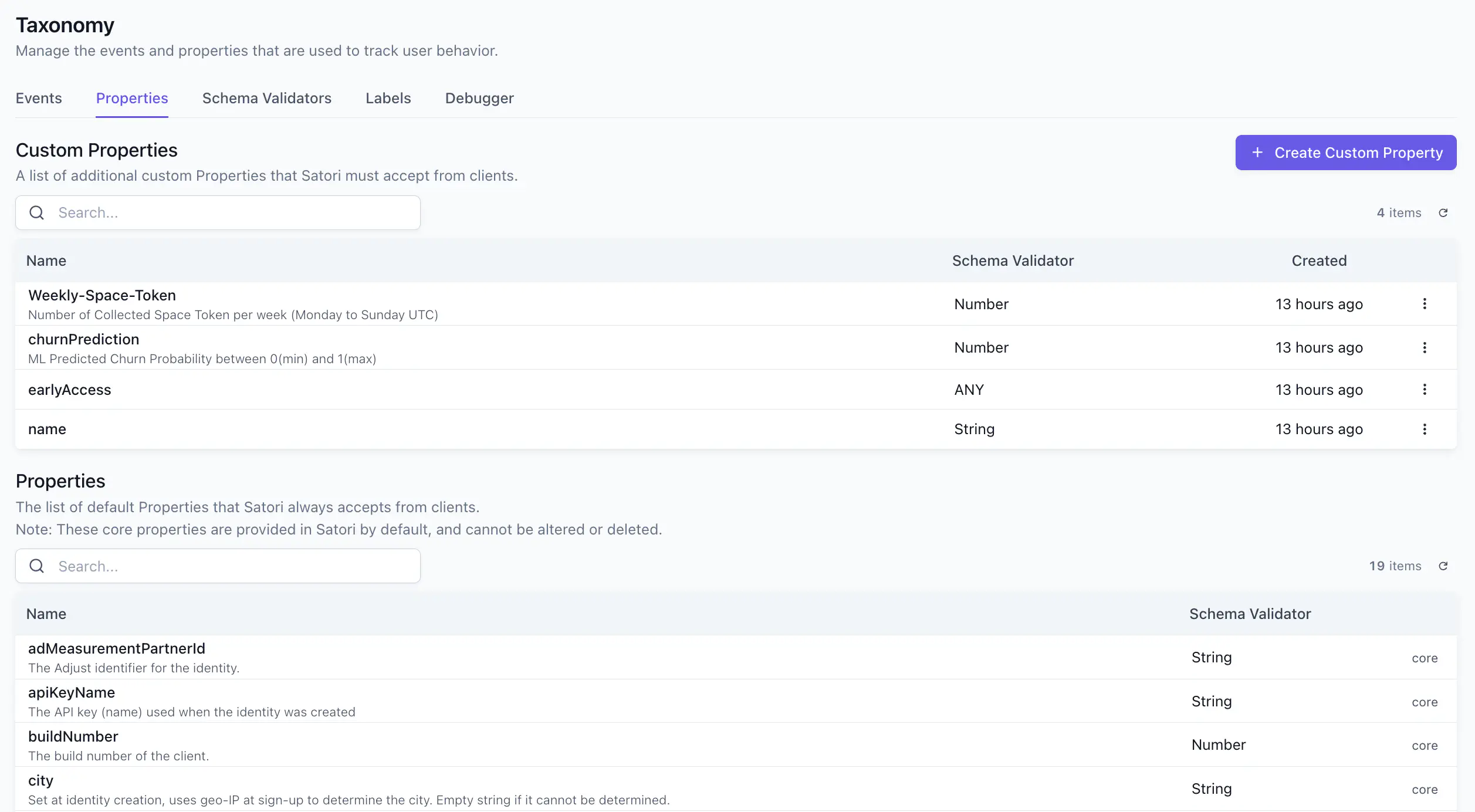Taxonomy Properties tab showing custom and core properties