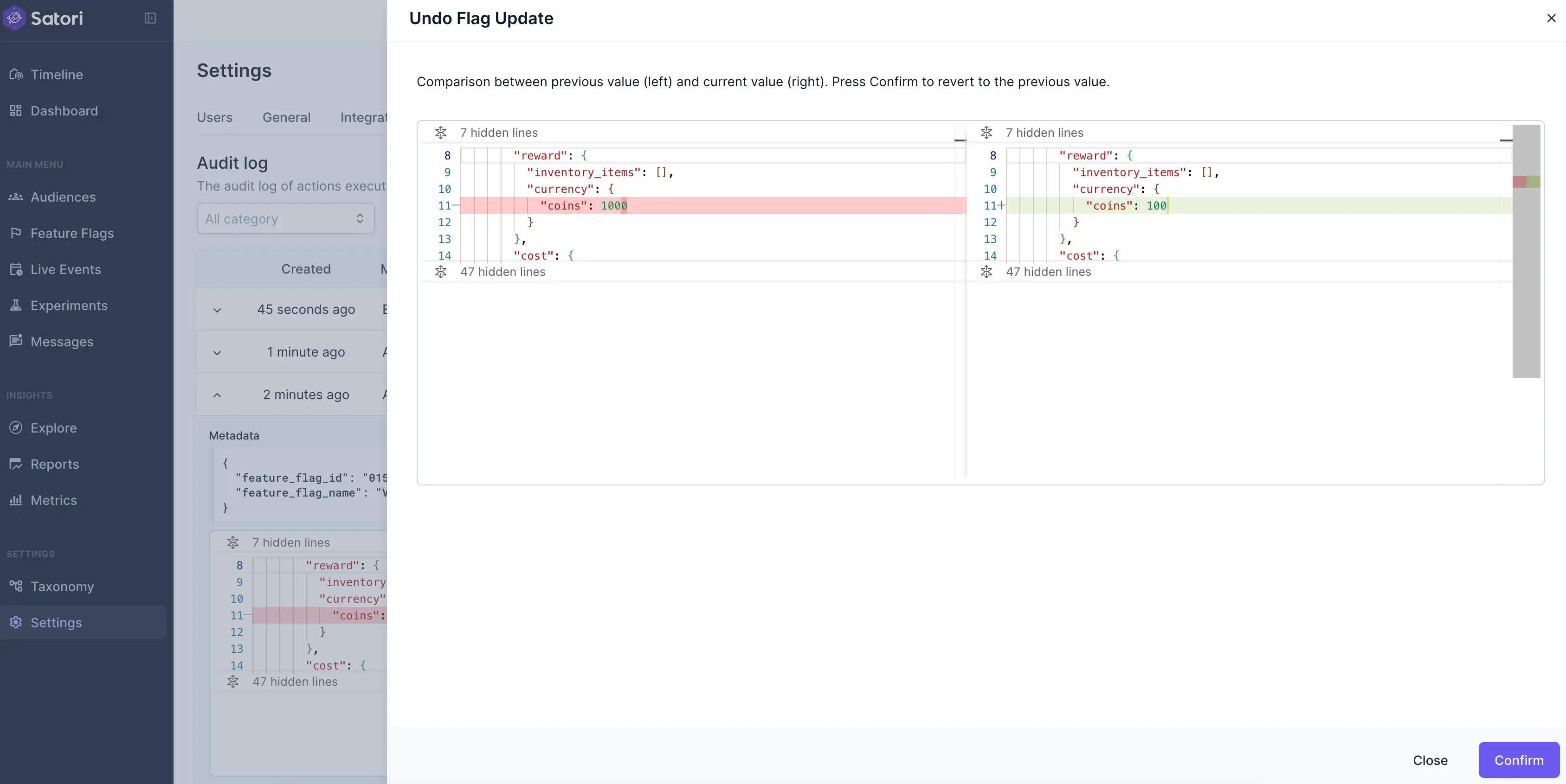 Audit Log tab showing before and after of changes