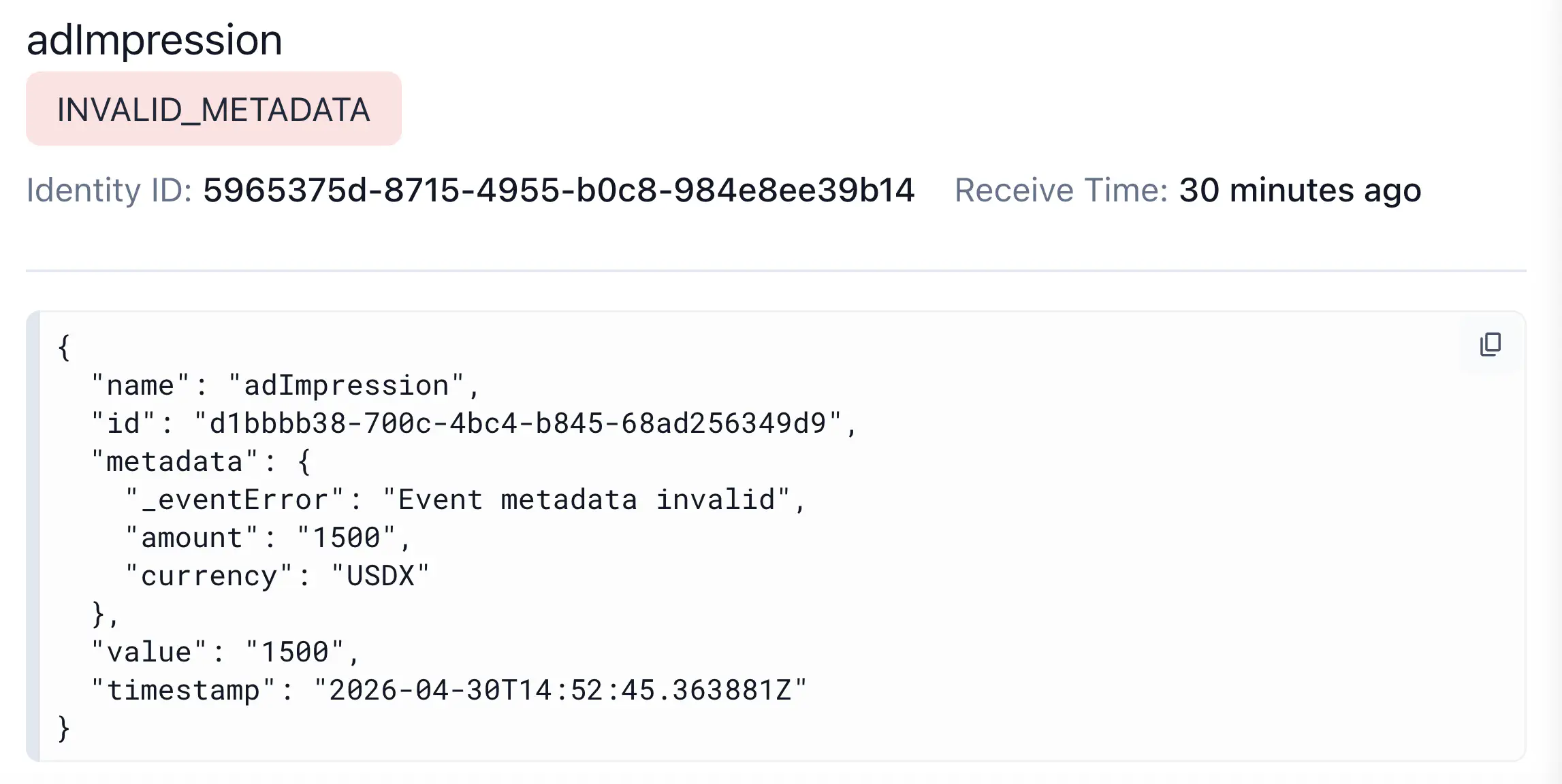 The adImpression event rejected with INVALID_METADATA, showing currency: USDX and _eventError: Event metadata invalid